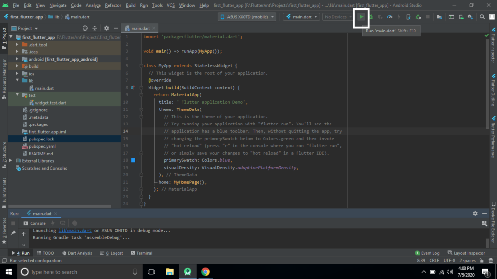 Flutter application in Android studio